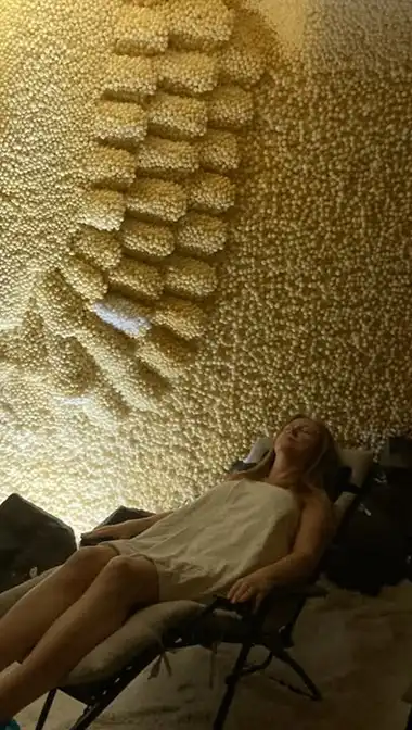 Angelina resting in Daniel's salt cave gift to her.